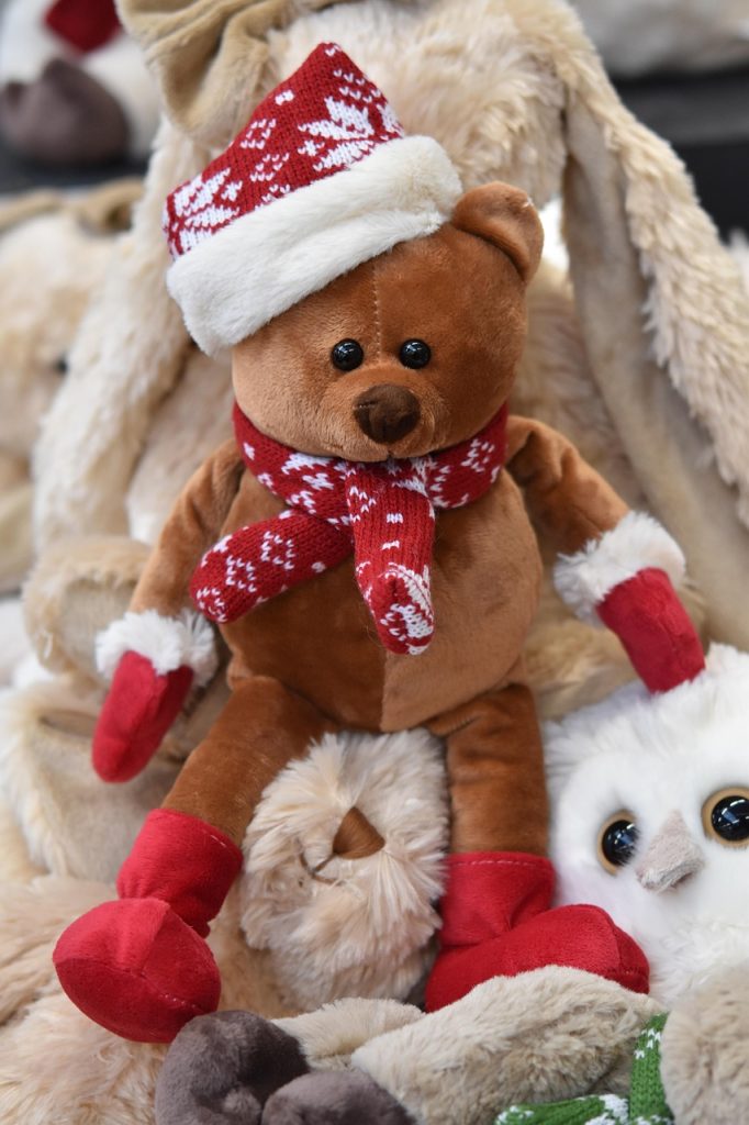 bear plush, teddy bear, brown bear, plush gift, toy, childhood, christmas santa hat, scarf
